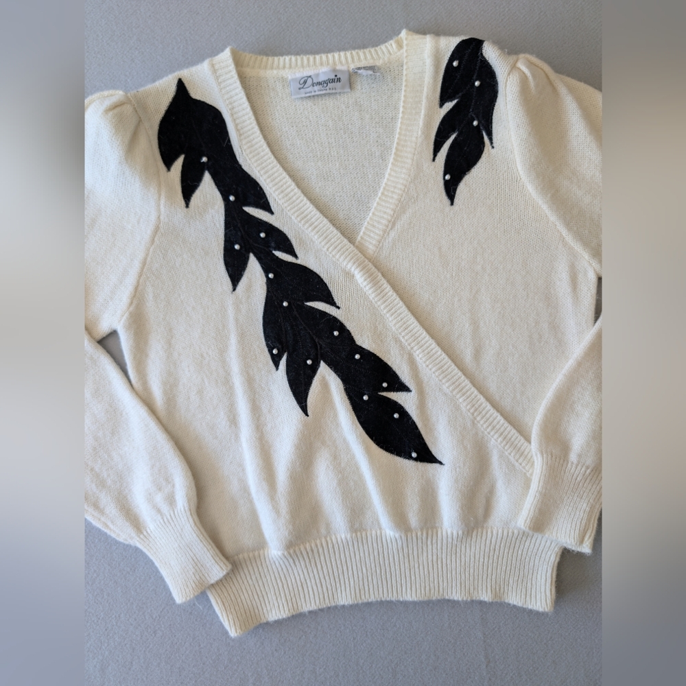 Vintage 80s Donagain Pearl Beaded Wrap Sweater Knitwear Retro Cream Black Knit L image 5